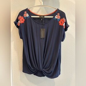 W5 Dark Blue Top with Red Floral Embroidery